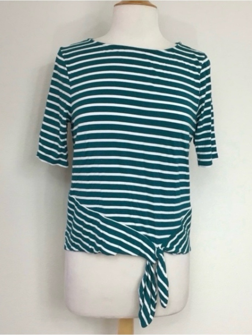Chico’s Womens Teal White Stripes Crew Boxy Knot Tie T-Shirt Size Medium Coastal